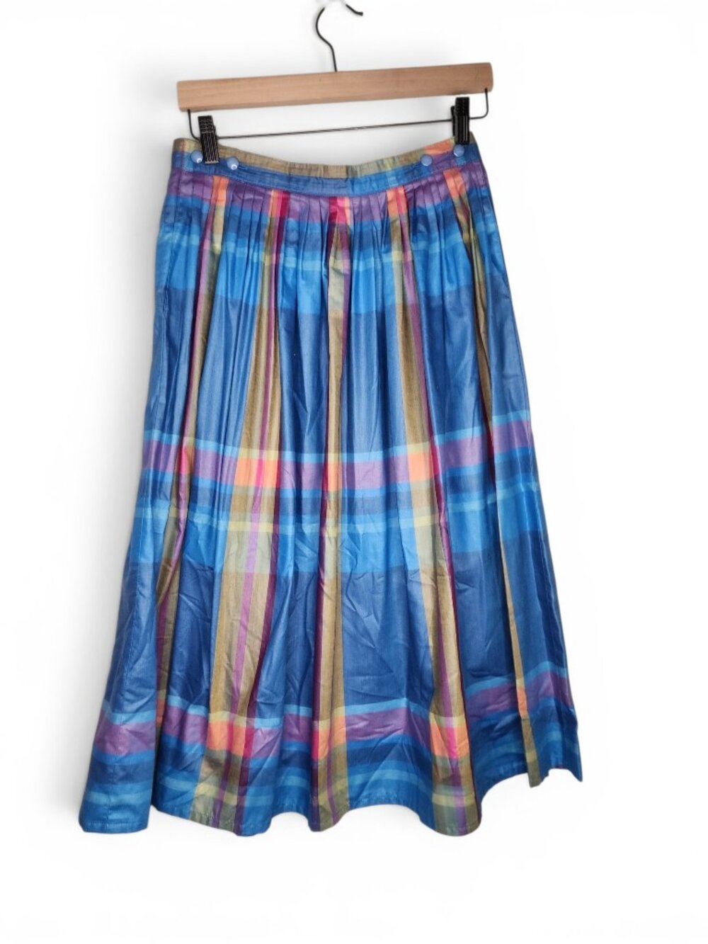 1980s Fashion Group Spain Pleated Pastel Plaid Midi Skirt in Blue Purple Size 42